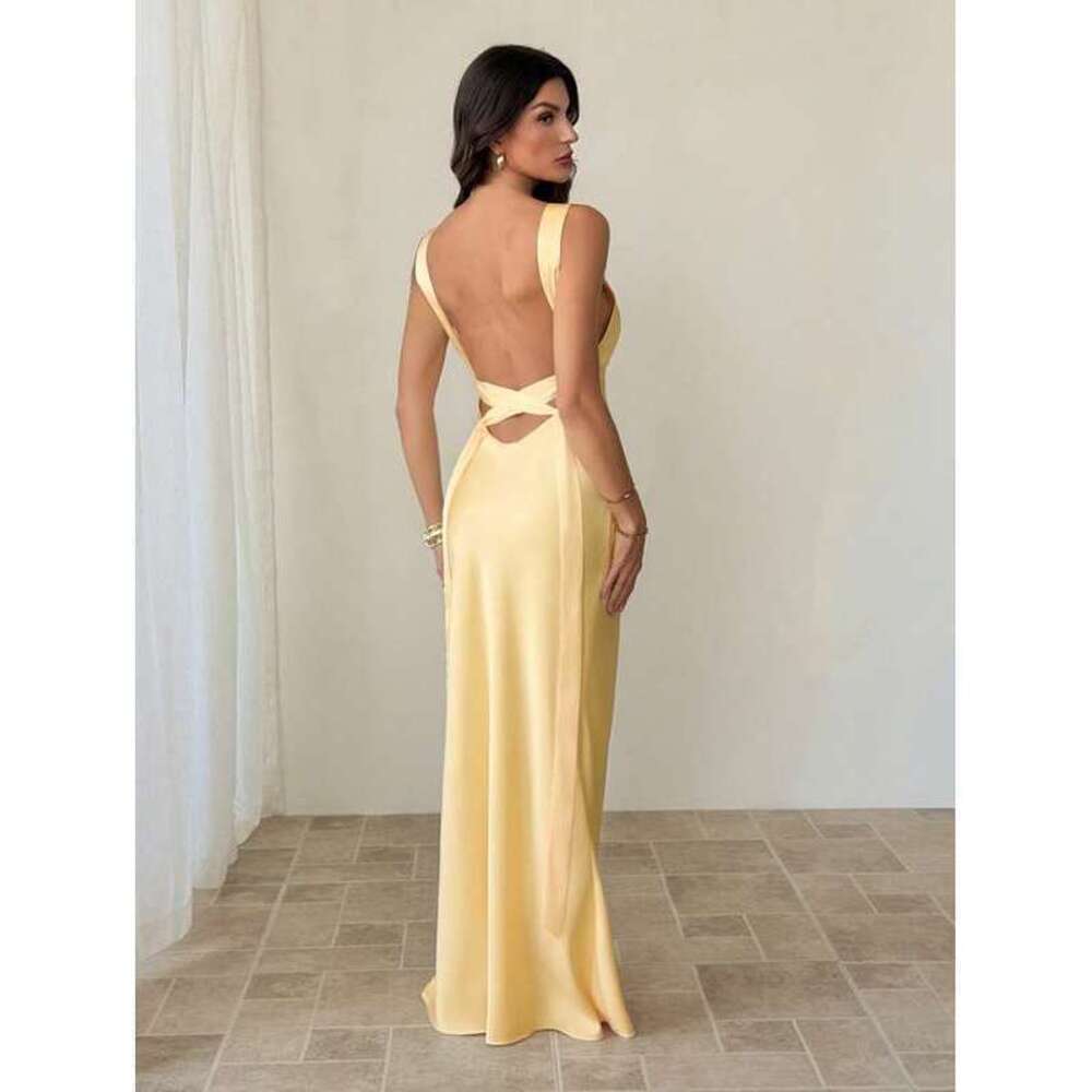 Tall Pale Yellow Deep V-Neck Backless Maxi Dress For ,Sleevel - Picture 2 of 8